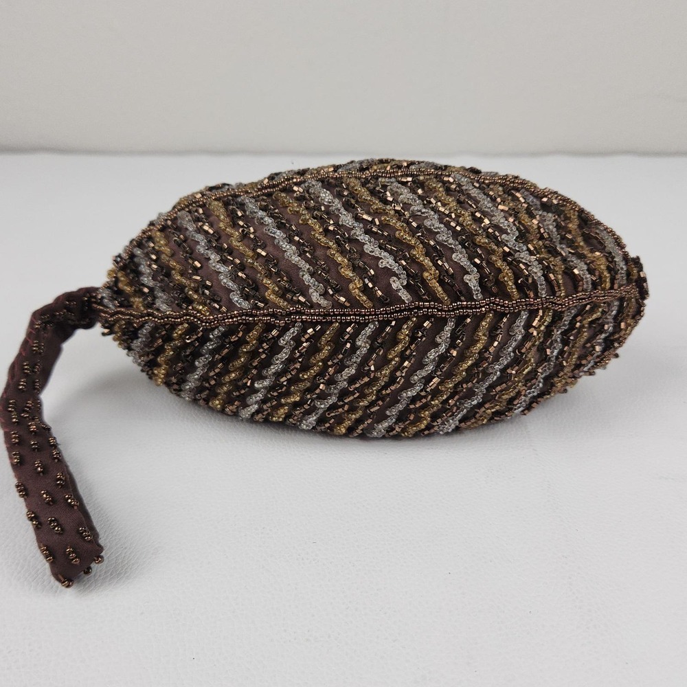 Vintage Beaded Walborg Purse Evening Bag Satin Brown Bronze Wristlet Pouch
